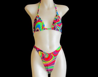 Colorful 80s 90s High Cut Thong Bikini Set