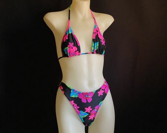 Hawaiian Hibiscus 90's Style High Leg Bikini Set