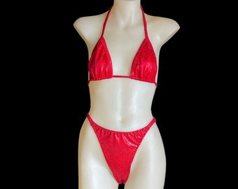 Red crackle print High Cut Thong Bikini Set