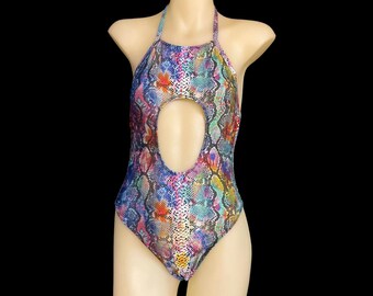 Multi Color Snakeskin print cutout One Piece Bikini