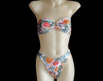 Vintage Floral Garden Print High Waist High Leg Bandeau Bikini