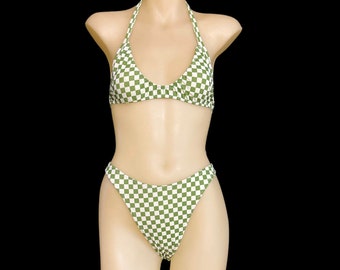 Green and White Checkered Bikini Set