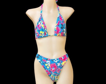 90s style Blue Floral Print High Leg Bikini Set