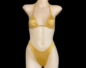 Vintage 90s Style Metallic Gold Print High Cut Bikini Set