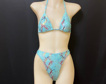 Blue and Gold Snakeskin High Cut Cheeky Bikini Set