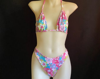 Vintage 90s 00s Floral Print High Waist High Leg Bikini