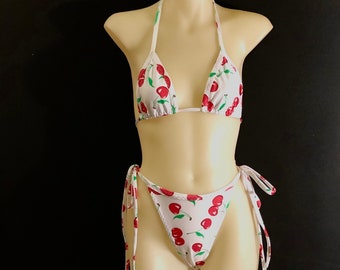 Cherry Print High Leg String Bikini Set
