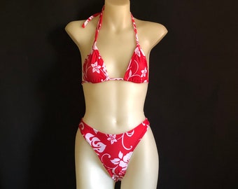 Red and White Flower Print Bikini Set