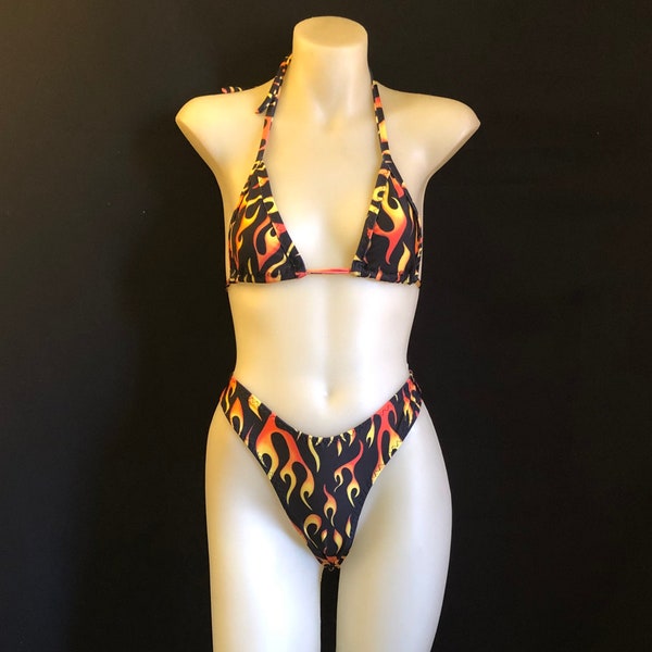 Flame Fire Print High Leg Bikini Set