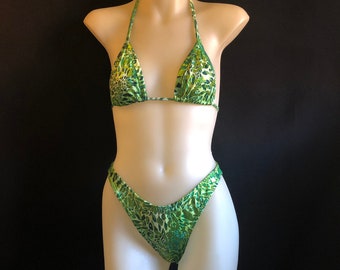 90s Neon Electric Green Animal Print High Leg Bikini Set