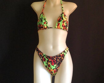 90s Neon Animal Print High Leg Bikini Set