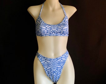 Vintage 90s 00s Blue Print High Leg Bikini