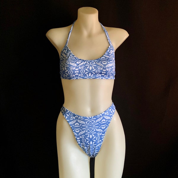 Vintage 90s 00s Blue Print High Leg Bikini