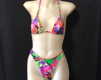 Colorful 80s 90s High Cut Thong Bikini Set