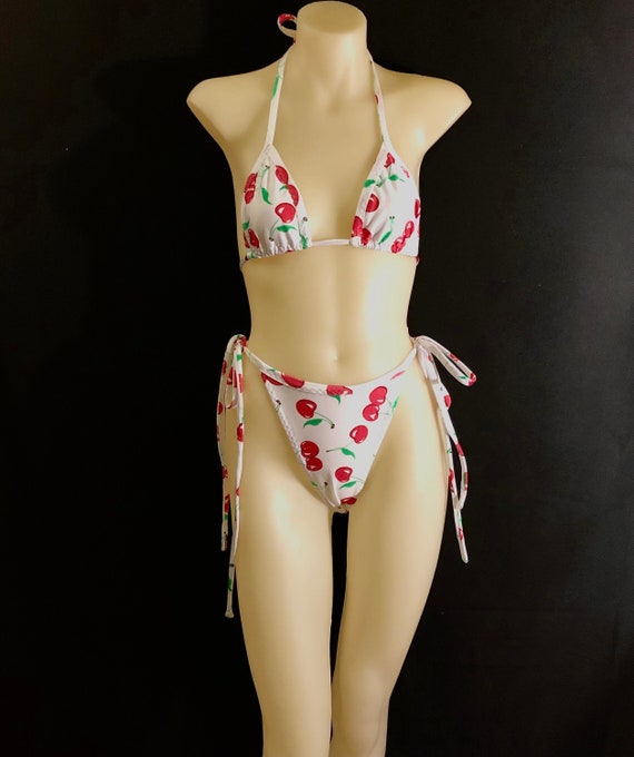 Cherry Print High Leg String Bikini Set 