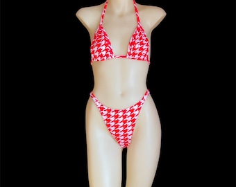 Red and White Houndstooth High Cut Bikini Set