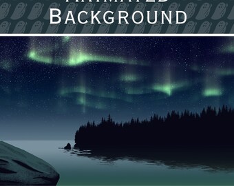 May include: An animated background image featuring a night scene with the aurora borealis. The image shows a dark blue sky filled with stars and green aurora lights. A dark forest and a body of water are in the foreground. The text "ANIMATED BACKGROUND" and "1920 x 1080 PX" are displayed.