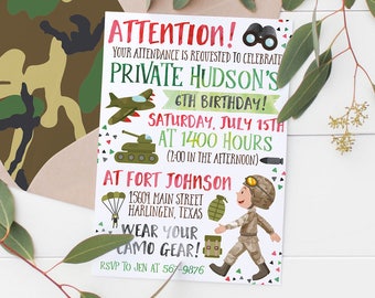May include: A birthday party invitation with a military theme. The invitation features a cartoon soldier, a camouflage envelope, and the text "ATTENTION!" and "WEAR YOUR CAMO GEAR!" The invitation is decorated with military-themed graphics.