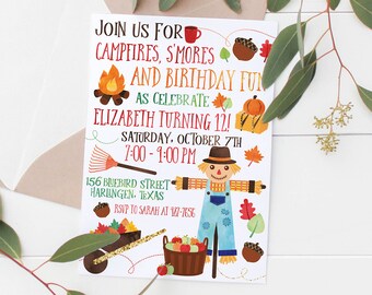 Printable Autumn Fun Party Invitation | Fall Party Invitation | Autumn Birthday | Kids Birthday | Campfire Party Invitation