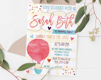Invitación de cumpleaños imprimible con globo aerostático para niños "Oh, los lugares a los que irás"