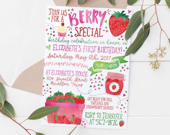 Invitation de fête d'anniversaire pour enfants aux fraises à imprimer (Célébration spéciale baies) | faire-part aux fraises | Invitation fête aux fraises