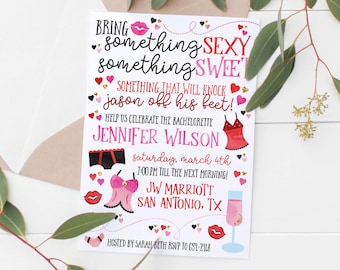 May include: A white invitation card with text and illustrations for a bachelorette party. The invitation includes the text "Bring something sexy, something sweet" and details for Jennifer Wilson's party at the JW Marriott in San Antonio, TX.