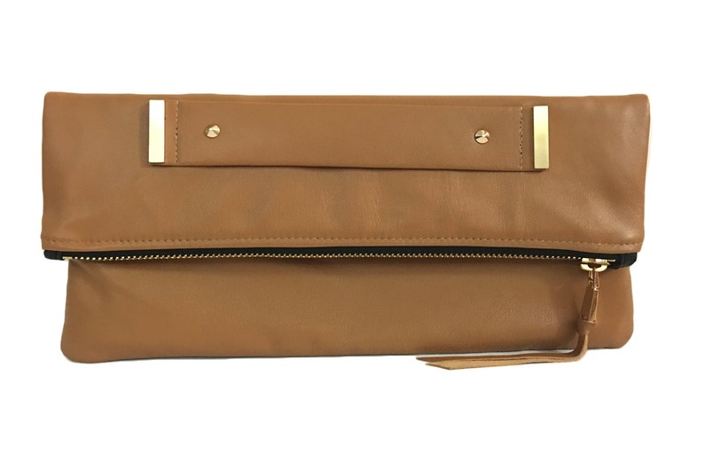 Leather clutch with handle strap foldover oversized pouch Etsy
