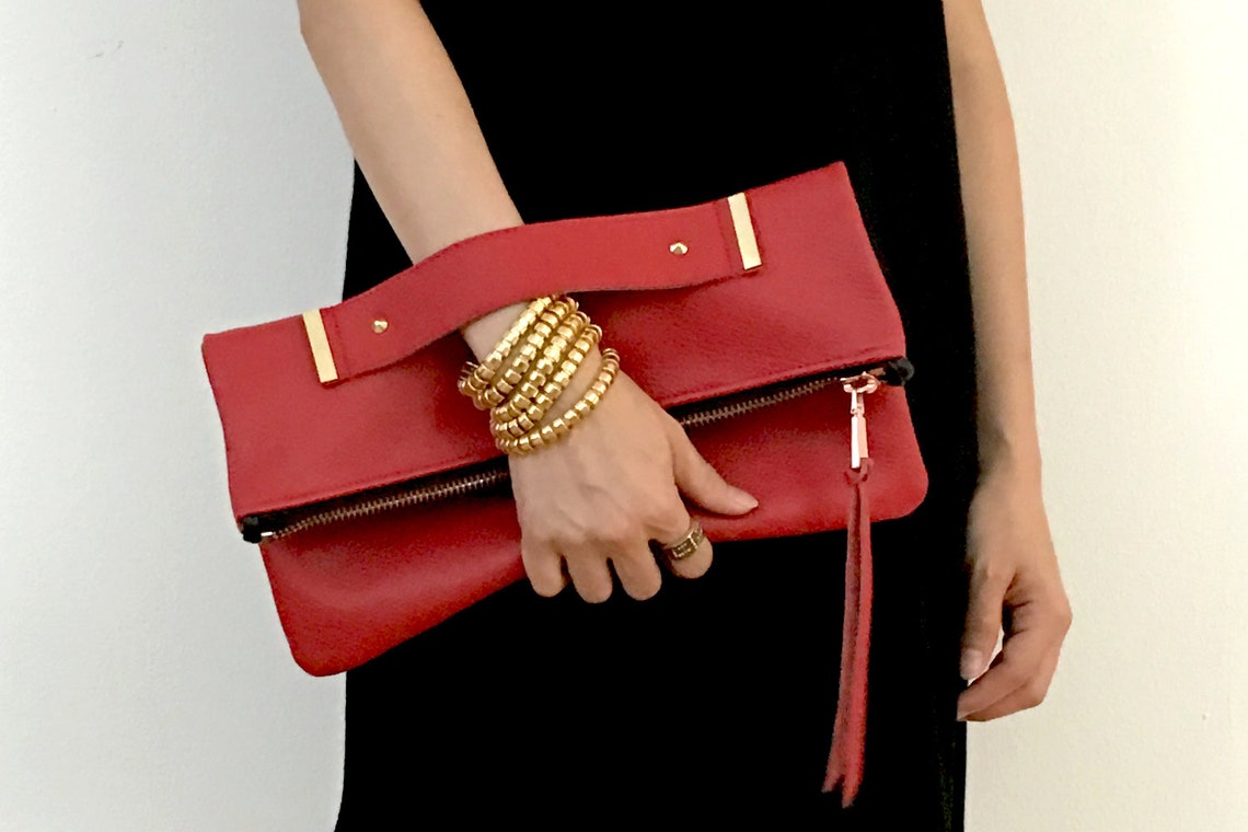 Leather clutch with handle strap foldover oversized pouch Etsy