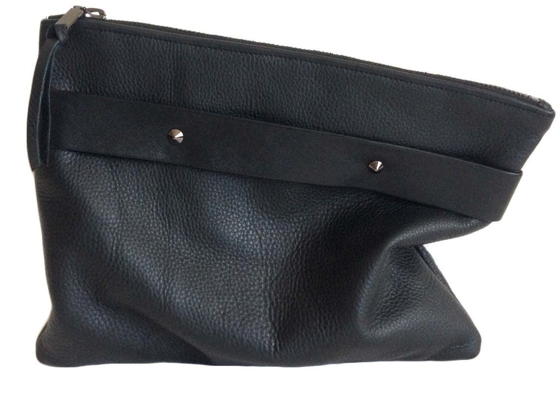 Black leather clutch with handle strap foldover oversized Etsy