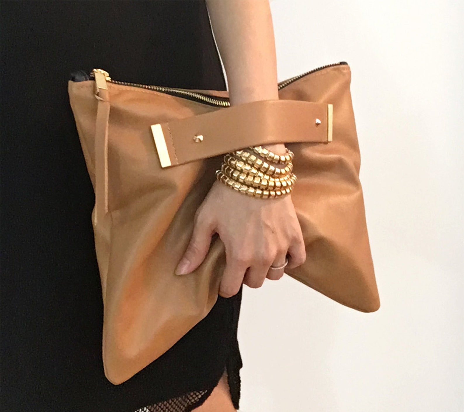 Leather clutch with handle strap foldover oversized pouch Etsy