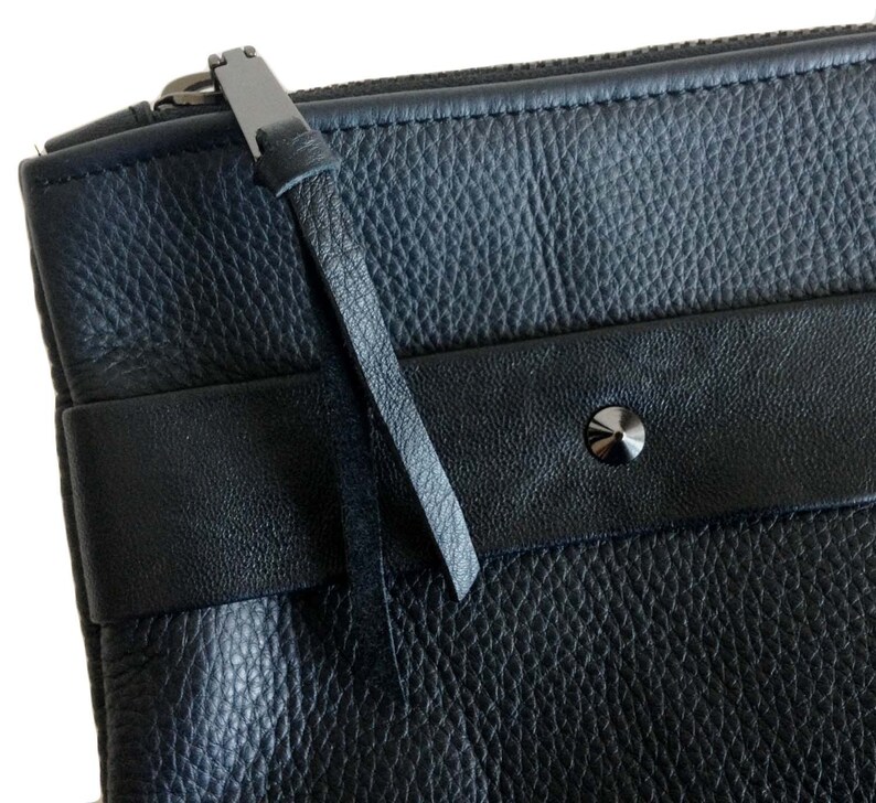 Black leather clutch with handle strap foldover oversized Etsy