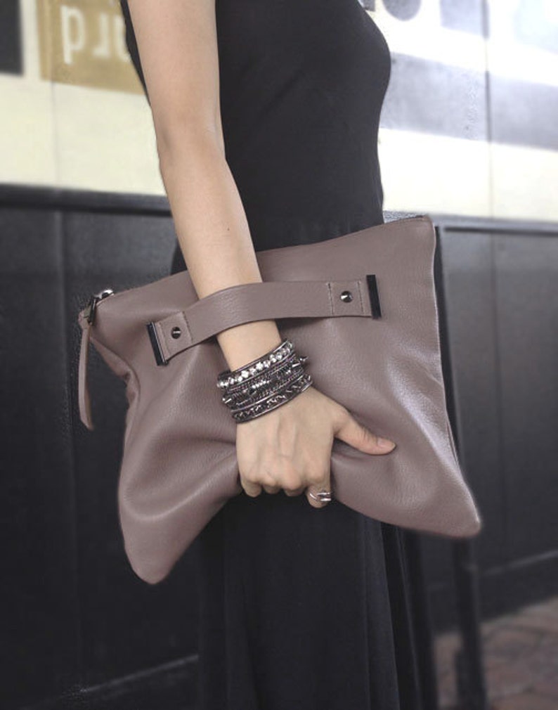 Leather clutch with handle strap foldover oversized pouch Etsy