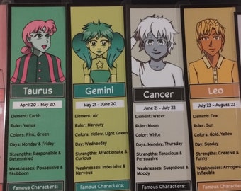 Anime style Zodiac Bookmarks: Aries, Taurus, Gemini, Cancer, Leo, Virgo