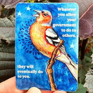 Puede incluir: Una tarjeta rectangular con una colorida ilustración de un pájaro sobre un fondo azul con estrellas blancas. La tarjeta incluye el texto: "Lo que permitas que tu gobierno haga a otros, te lo harán a ti."