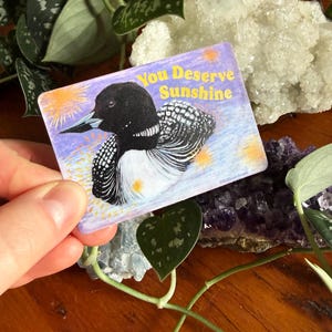 K&ouml;nnte beinhalten: Eine rechteckige Karte mit einer Illustration eines Eistauchers und dem Text "You Deserve Sunshine". Der Eistaucher ist mit schwarzen, wei&szlig;en und grauen Federn vor einem lila und blauen Hintergrund mit gelben Sonnen dargestellt. Die Karte wird von einer Hand gehalten.