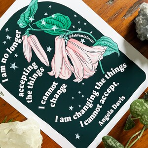 May include: A dark green print featuring a pink flower and white stars. The print includes the quote "I am no longer accepting the things I cannot change. I am changing the things I cannot accept." by Angela Davis.
