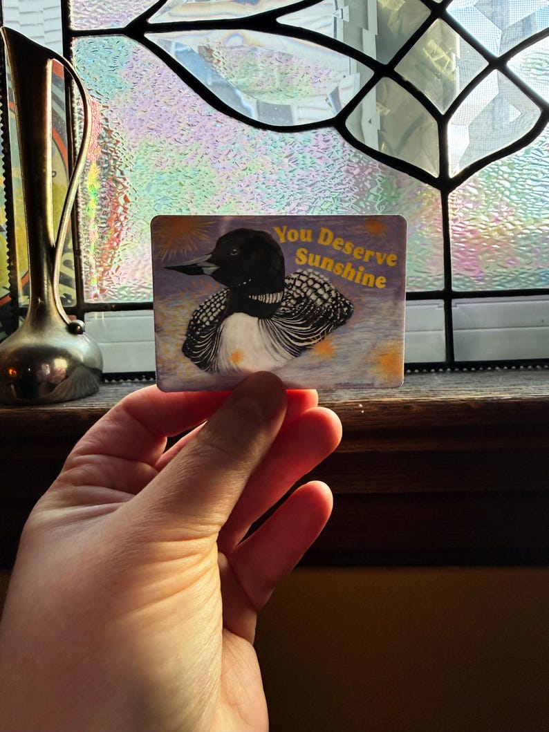 K&ouml;nnte beinhalten: Eine rechteckige Karte mit einer Abbildung eines Eistauchers, mit schwarzem Kopf und wei&szlig;er Brust. Die Karte tr&auml;gt den Text "You Deserve Sunshine" in Gelb. Der Hintergrund ist ein Bild im Aquarellstil.