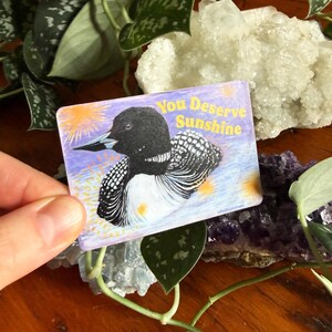 K&ouml;nnte beinhalten: Ein rechteckiger Aufkleber mit einer Illustration eines Eistauchers in Schwarz, Wei&szlig; und Grau auf lila Hintergrund. Der Aufkleber tr&auml;gt den gelben Text "You Deserve Sunshine". Der Aufkleber wird von einer Hand gehalten.