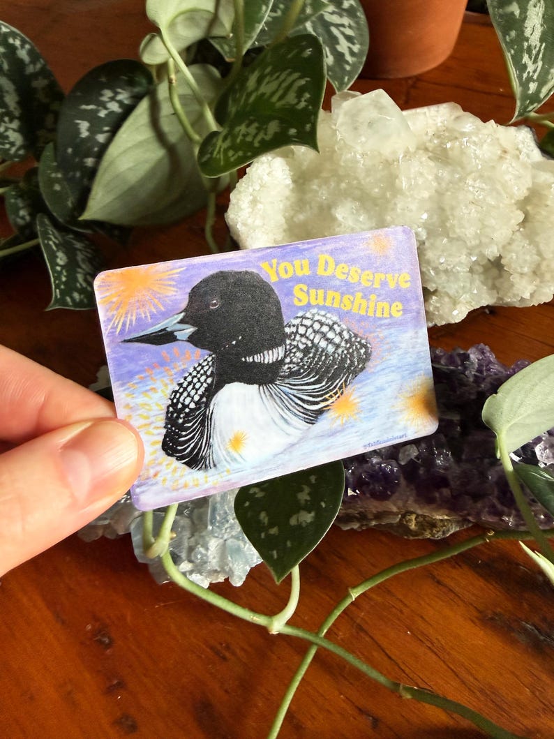 K&ouml;nnte beinhalten: Ein rechteckiger Aufkleber mit einer Illustration eines Eistauchers in Schwarz, Wei&szlig; und Grau auf lila Hintergrund. Der Aufkleber tr&auml;gt den gelben Text "You Deserve Sunshine". Der Aufkleber wird von einer Hand gehalten.