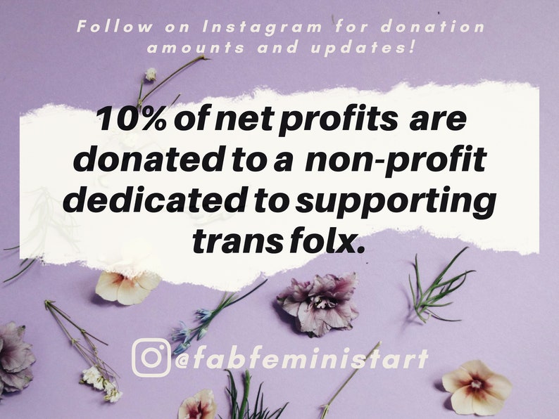 Pu&ograve; includere: Uno sfondo viola con fiori secchi e una casella di testo bianca con il testo "10% of net profits are donated to a non-profit dedicated to supporting trans folx."  La casella di testo ha un bordo strappato. Il logo di Instagram e il testo "@fabfeministart" sono sotto la casella di testo.