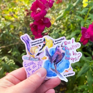 K&ouml;nnte beinhalten: Eine Hand, die eine Sammlung farbenfroher Vogelaufkleber h&auml;lt. Jeder Aufkleber zeigt eine Aquarellillustration eines Vogels mit Text wie "I want to be improbable" und "Did I mention I'm in therapy?"