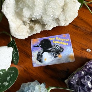 K&ouml;nnte beinhalten: Ein rechteckiger Aufkleber mit einem Gem&auml;lde eines schwarz-wei&szlig;en Vogels mit dem Text "You Deserve Sunshine" auf einem lila und gelben Hintergrund. Der Aufkleber ist von Kristallen und Gr&uuml;n umgeben.