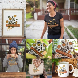 Puede incluir: Una colecci&oacute;n de productos con un dise&ntilde;o de flores amarillas con el texto "Queer Magic". Los productos incluyen una impresi&oacute;n enmarcada, una camiseta, una bolsa de tela, una taza y una pegatina.