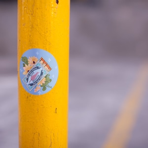 Pu&ograve; includere: Un adesivo blu e bianco con un uccello e fiori su un palo giallo. L'adesivo dice "Meet Your Matches" e "Laughter is the Best Kind of Fire".