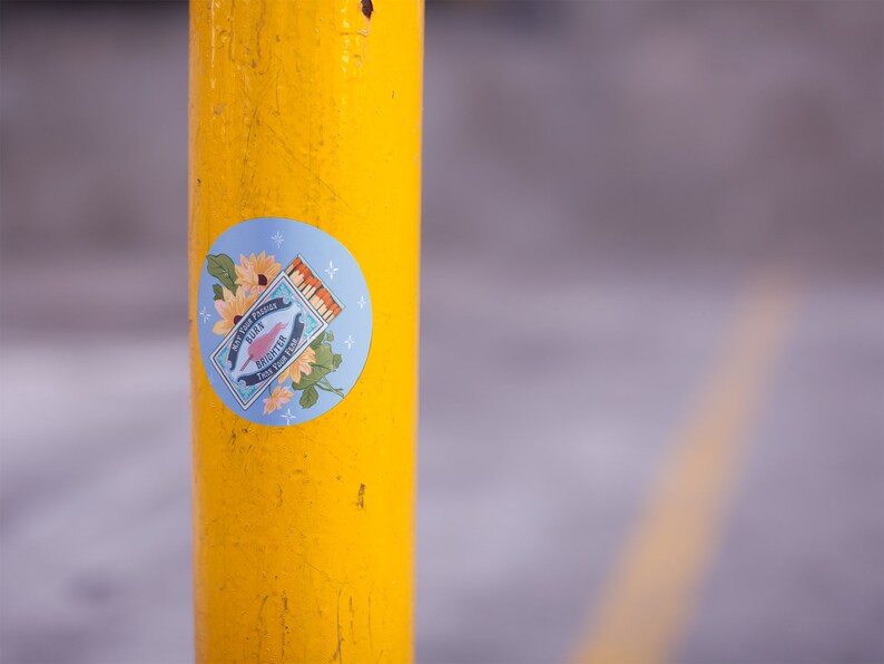 Pu&ograve; includere: Un adesivo blu e bianco con un uccello e fiori su un palo giallo. L'adesivo dice "Meet Your Matches" e "Laughter is the Best Kind of Fire".