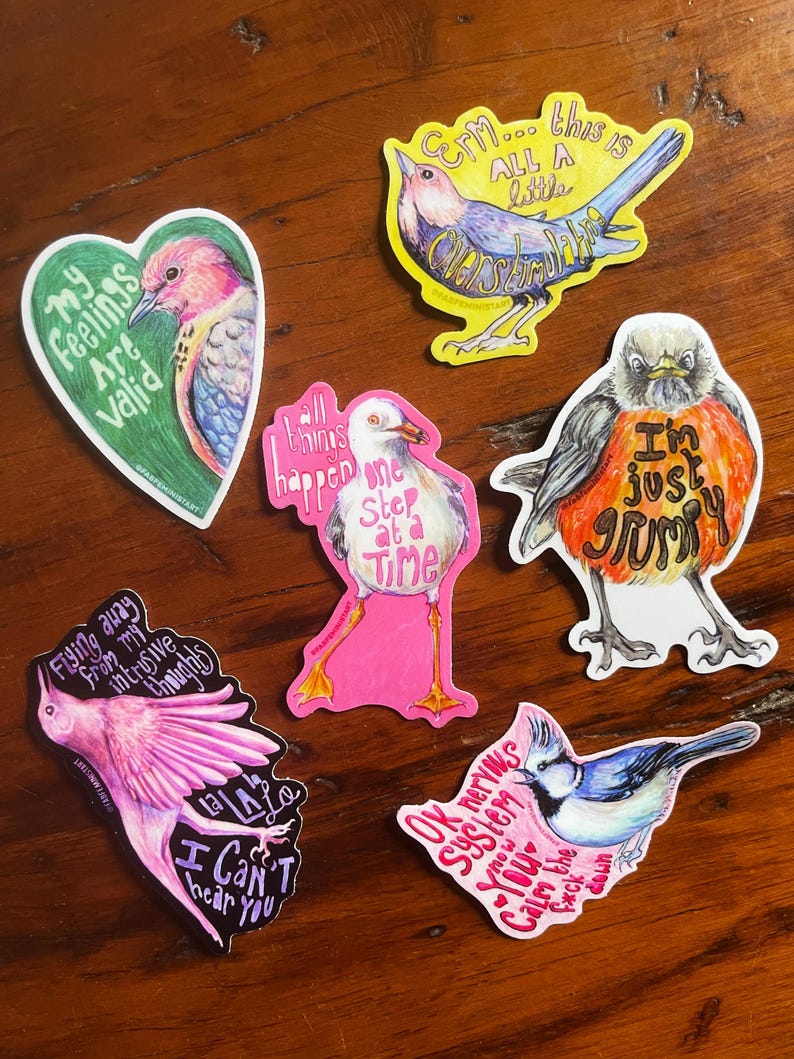 K&ouml;nnte beinhalten: Eine Sammlung farbenfroher Vogelaufkleber mit verschiedenen Designs und Texten. Ein Aufkleber ist herzf&ouml;rmig mit einem Vogel und dem Text "My Feelings Are Valid". Weitere Aufkleber enthalten S&auml;tze wie "I'm just grumpy" und "OK nervous system".