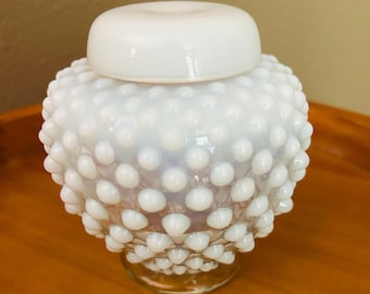 Vintage Fenton French Opalescent White Hobnail Ginger Jar with Lid