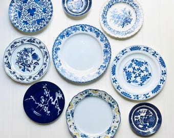 Vintage Blue Wall Plate Collection, Mismatched Plates for Wall, Plate Collage Display, Home Wall Decor, Plate Wall