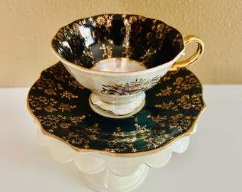 Vintage Royal Sealy Japan Black - Gold - Pearescent Footed Teacup