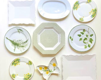 Vintage and New Green and White Floral Wall Plate Collection, Mismatched Plates for Wall, Plate Collage Display, Home Wall Decor, Plate Wall